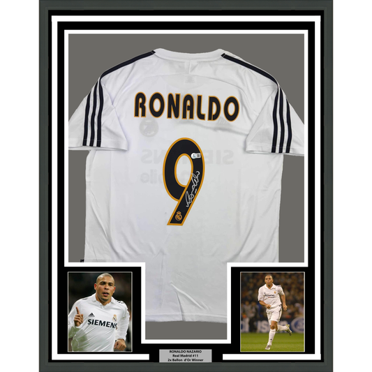 Framed Autographed/Signed Ronaldo Nazario 35x39 Real Madrid White Soccer Jersey Beckett BAS COA